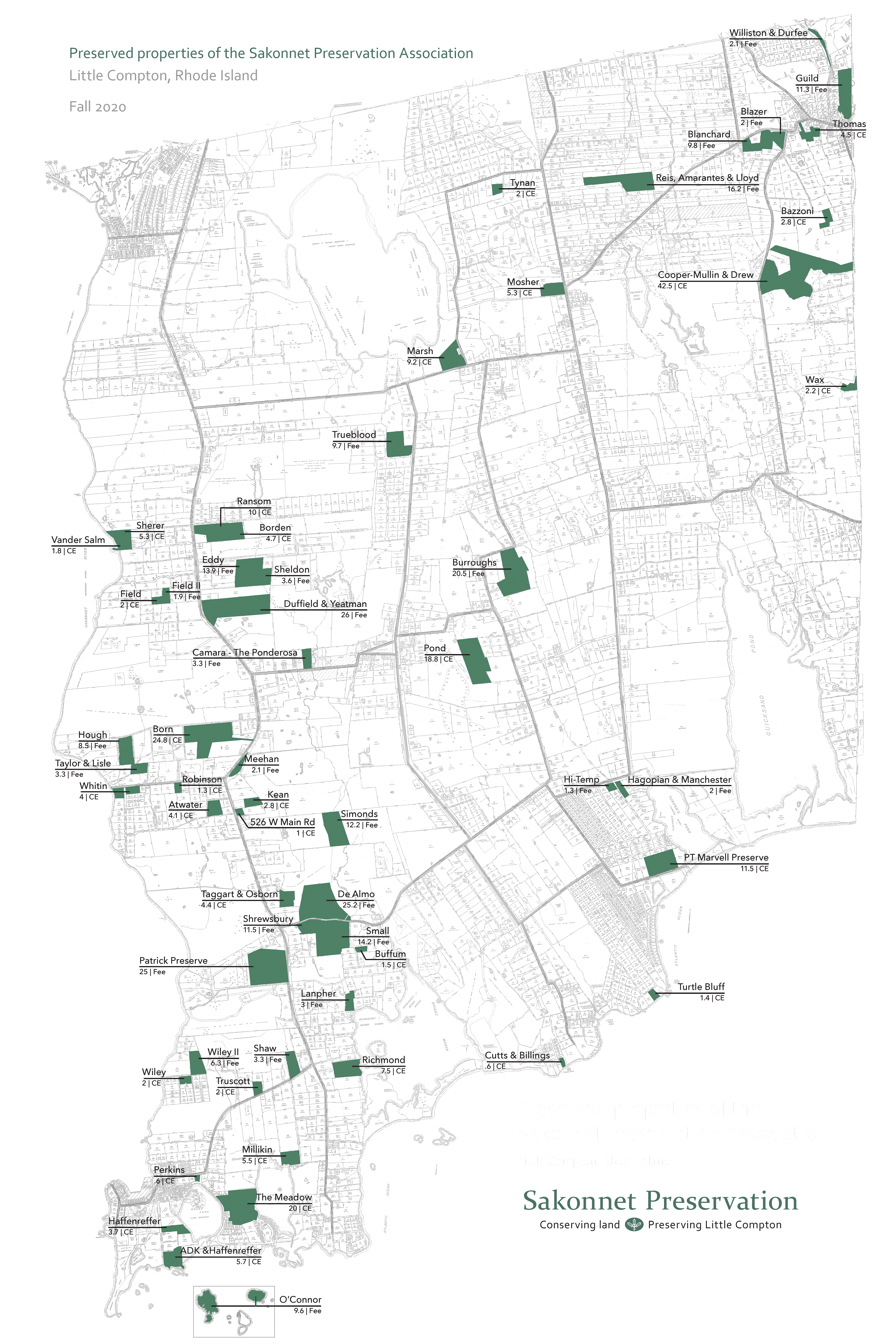 A black and white map of Little Compton with north at the top. At top left, it is labeled as "Preserved properties of the Sakonnet Preservation Association // Little Compton, Rhode Island // Fall 2020". Properties preserved by SPA are scattered across the map, with their parcels highlighted in green.  They are labeled by the owner at the time we acquired the property outright (Fee) or as a conservation easement (CE) & the number of acres.