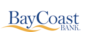 Logo for BayCoast Bank. The words Bay Coast appear in a rich blue serif font, with "BANK" inset below the end of the word "coast". Two gold colored squiggles appear to the left of the word "bank", as stylized waves.