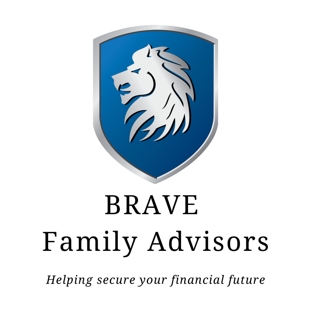 The logo for Brave Family Advisors, featuring a family crest style image. The crest is deep blue with silver edging. At center is a rendering of a lion in profile, facing to the left.