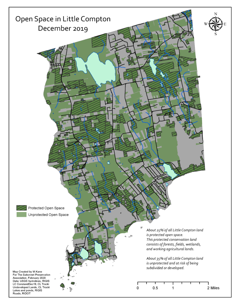 A map of Little Compton with true North at the top & center of the page.  The base of the map is grey.  Dark green with crosshatching marks land that is protected/conserved open space. Light green marks unprotected open space.   Explanatory text reads: "About 25% of all Little Compton land is protected open space. This protected conservation land consists of forests, fields, wetlands, and working agricultural lands.    About 35% of all Little Compton land is unprotected and at risk of being subdivided or developed."  Text at bottom left describes maker and sources as follows. "Map created by M. Kane for the Sakonnet Preservation Association, February 2020. Data: USGS hydrolines, RIGIS LC ConslandDec19, CL Trocki Undeveloped Lands, CL Trocki Lakes and ponds, RIGIS Roads, RIDOT"