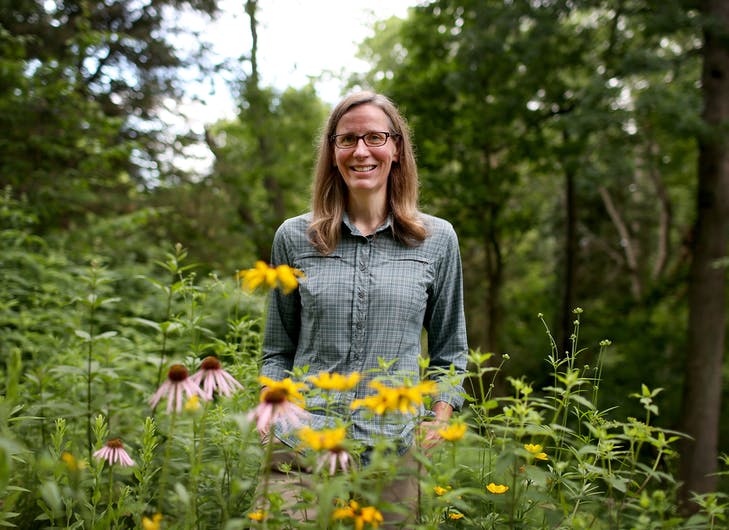Photo of a woman behind a variety of flowering plants.